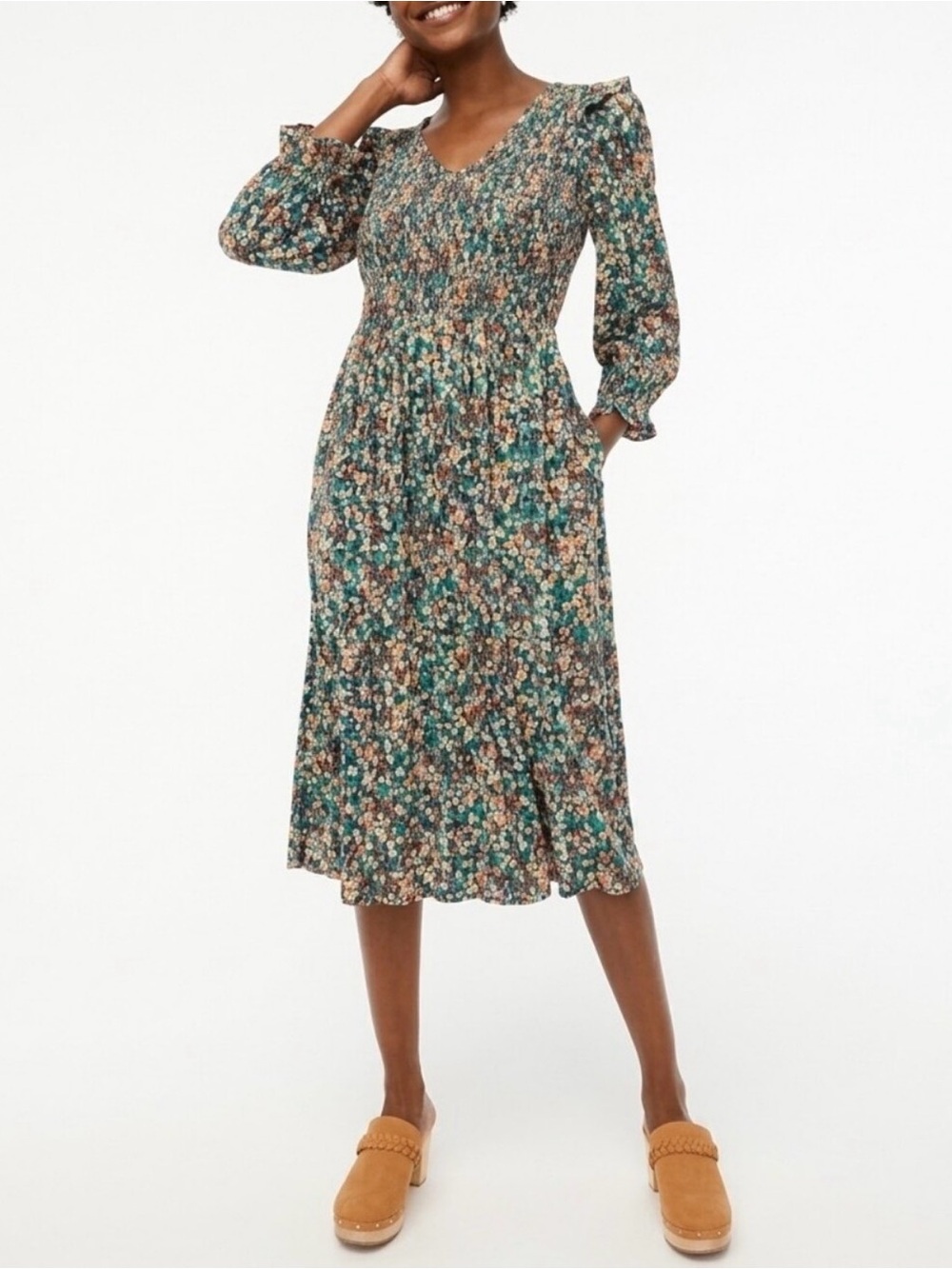 J. Crew Green Floral Print Long Sleeve Midi Dress Size Small - C1-334